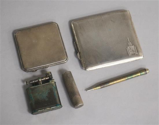 Two silver cigarette cases, a silver lipstick holder, a Dunhill lighter and a pencil.